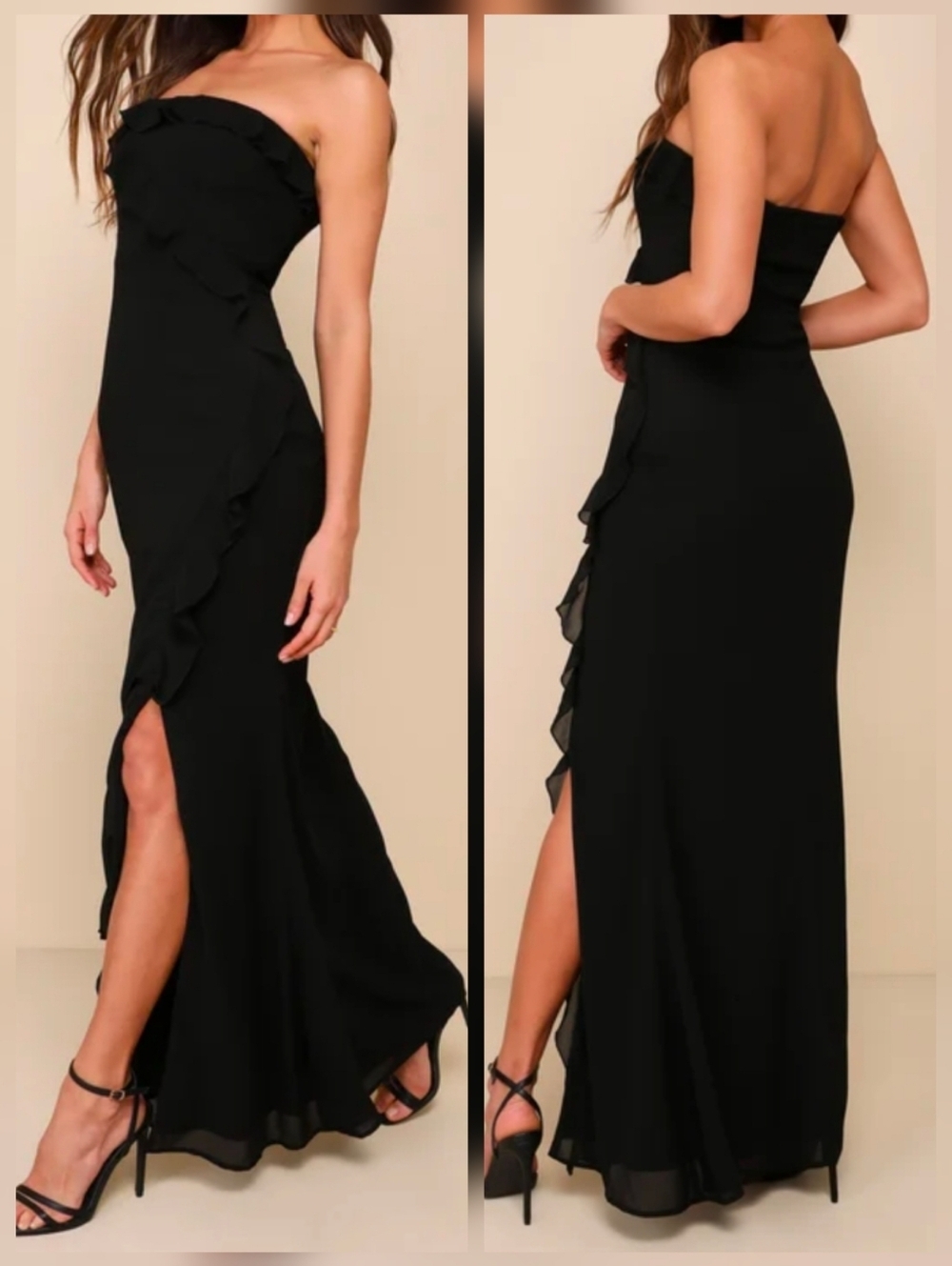 Lulus Excellent Sensation Black Strapless Asymmetrical Ruffled Maxi Dress, MED